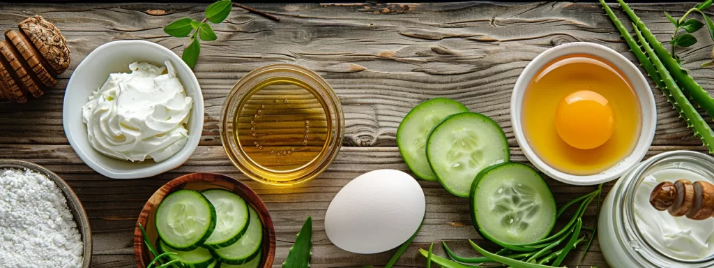 a close-up shot of aloe vera gel, egg whites, honey, cucumber, and yogurt arranged on a rustic wooden table, showcasing their natural properties for skin tightening and rejuvenation.