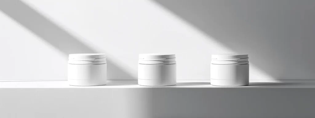 a close-up shot of three sleek, modern packaging of skin tightening creams, each highlighting their unique features and benefits, displayed on a minimalist white background.