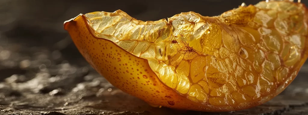 a close-up photo of a wrinkled, sagging piece of fruit, illustrating the effects of diminishing skin elasticity due to aging.