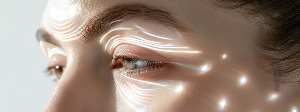 a close-up photo showcasing ultrasound waves penetrating deep skin layers, stimulating collagen production for gradual lifting and tightening effects around the eyebrows.