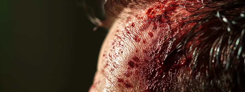 a close-up photo showcasing a red, blistered area on a patient's forehead following an improper ultherapy treatment, highlighting the rare but serious risks associated with the procedure.