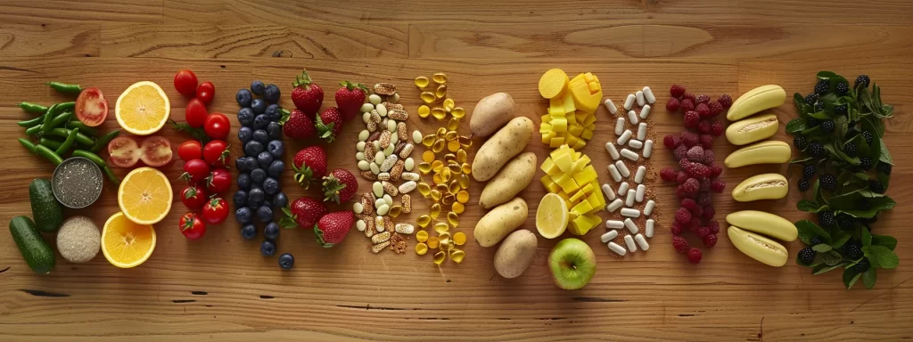 a colorful array of fresh fruits, vegetables, and supplements neatly arranged on a wooden table, highlighting the key ingredients for radiant, firm skin.