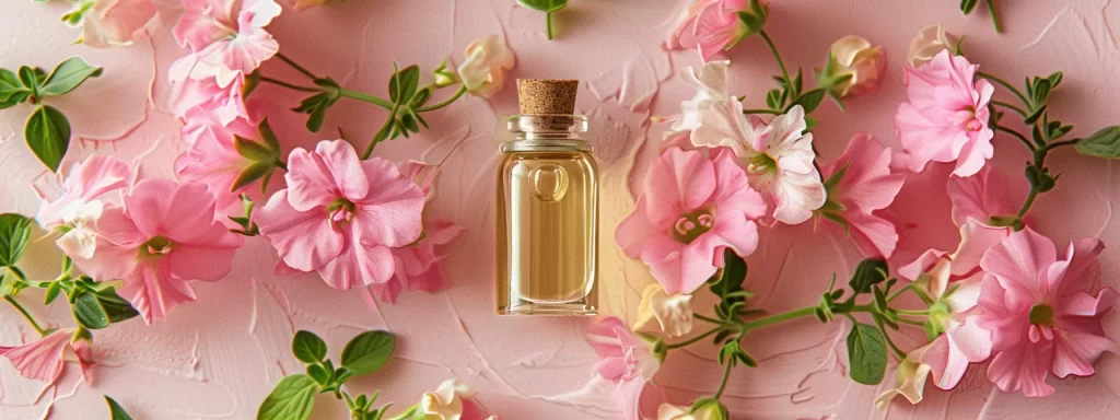 a delicate bottle of tea tree oil surrounded by vibrant geranium flowers, symbolizing the incorporation of natural oils into daily skincare routine.