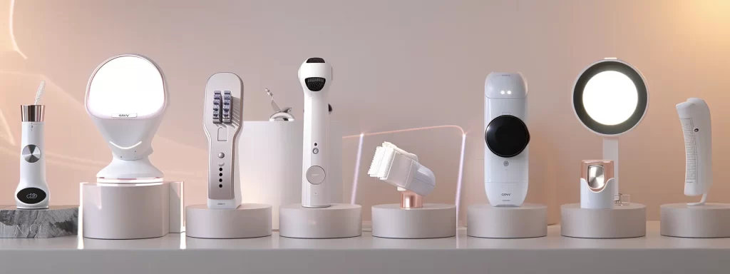 a diverse array of sleek, high-tech skin tightening devices arranged on a clean, white surface with user reviews and testimonials displayed next to each one.
