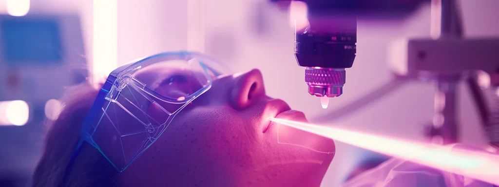 a focused beam of fractional laser light gently tightens the skin on a neck, with a backdrop of scientific equipment in a modern clinic.