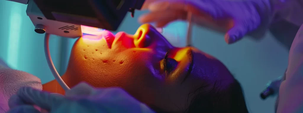a focused, intense ultrasound device directed towards the skin during an ultherapy procedure for facial rejuvenation.