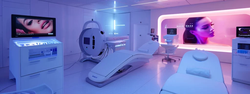 a futuristic clinic with advanced technology machines customizing skin tightening treatments for optimal results.