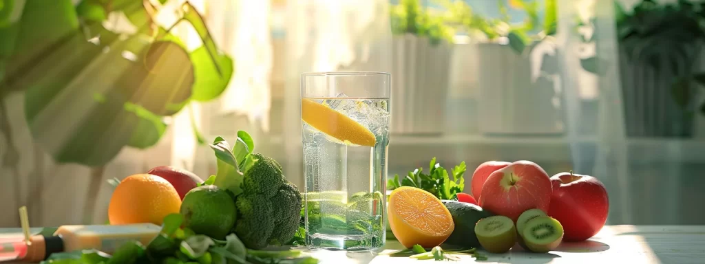 a glass of water with fresh fruits, vegetables, and a sunscreen bottle on a table, symbolizing hydration, collagen-rich foods, and uv protection for firm, glowing skin.