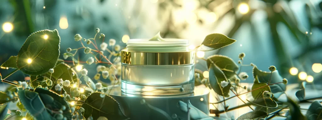 a luxurious, elegant jar of neck skin tightening cream surrounded by botanical ingredients and a soft, glowing light.