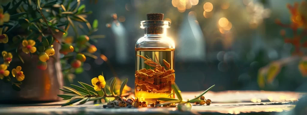 a luxurious glass bottle filled with a rich blend of golden frankincense, rosemary, and almond oils, radiating an aura of natural beauty and skincare indulgence.