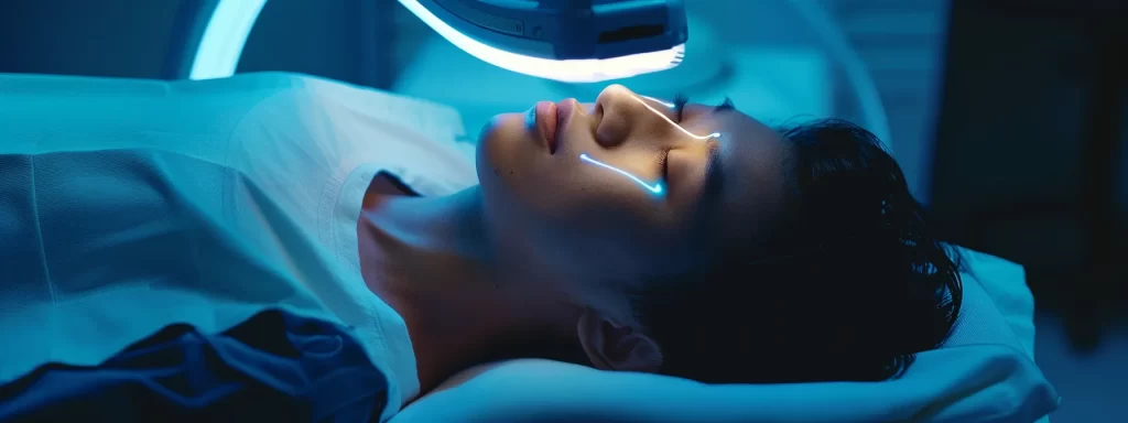 a patient lying comfortably on a treatment table, with a futuristic-looking radiofrequency device glowing softly beside them, ready for a neck tightening procedure.