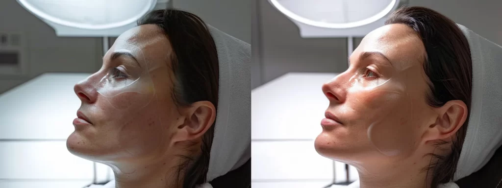 a patient sitting with a specialist, examining a before and after photo of their skin tightness post-ultherapy treatment.