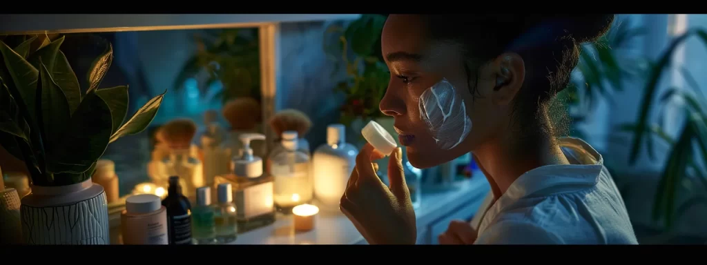 a person applying luxurious moisturizer on their glowing skin post-treatment, surrounded by skincare products and a healthy lifestyle environment.