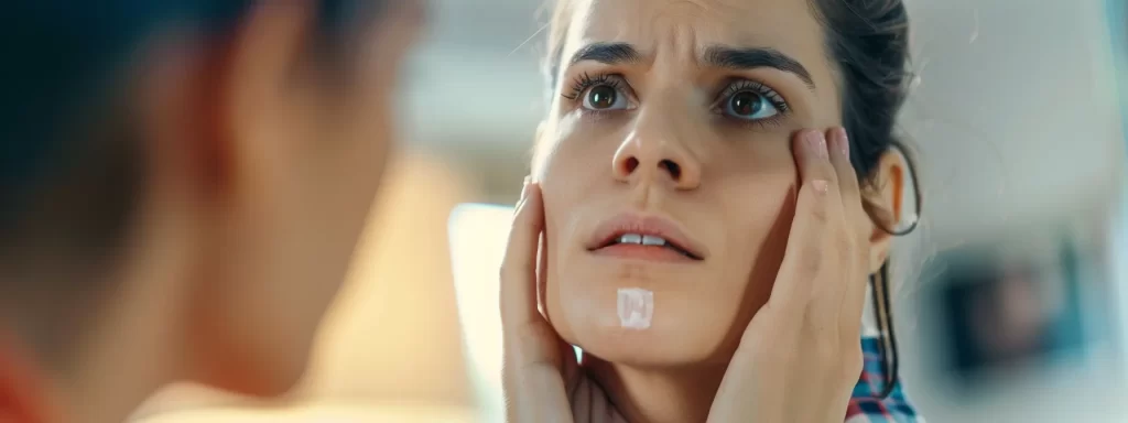 a person carefully examining their neck in the mirror for any signs of complications after laser treatment, looking concerned yet determined.