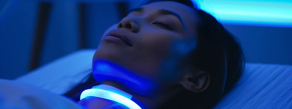 a person lying comfortably on a treatment table with a soothing blue light glowing on their neck during an ultrasound therapy session for rejuvenation.