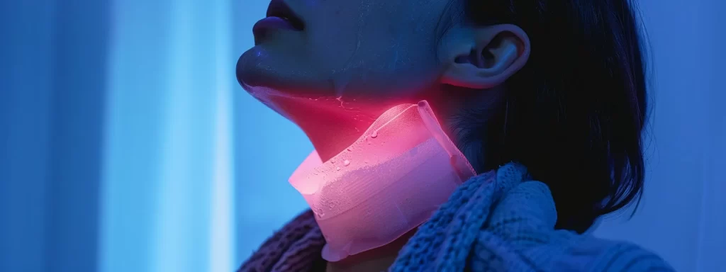 a person with a soothing ice pack on their neck, soothing redness and swelling post laser treatment.