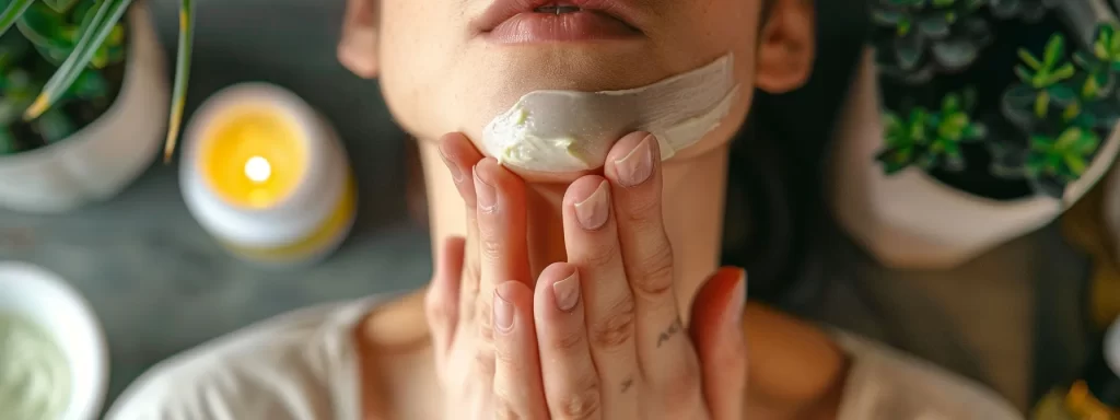 a person with sensitive skin applying a neck tightening cream cautiously, surrounded by various skincare products, emphasizing potential risks and considerations.