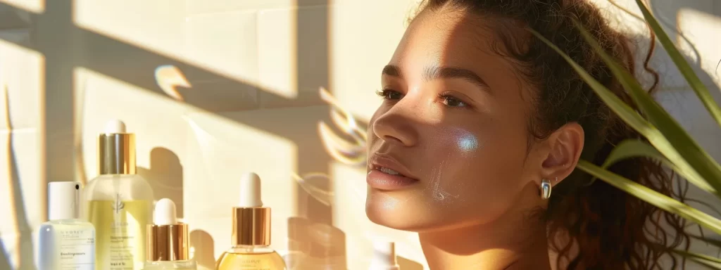 a radiant model basking in the gentle glow of a skincare routine, surrounded by bottles of hydrating serums and sunscreen, showcasing the aftercare regimen essential for maximizing ultherapy results.