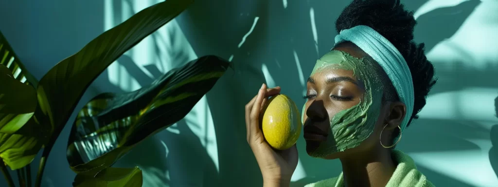 a radiant woman applying a homemade avocado mask, showcasing the benefits of natural skin tightening remedies.