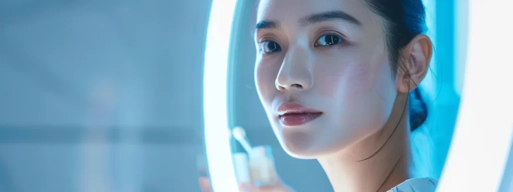 a radiant, youthful complexion showcased in a mirror reflection as a woman completes her skincare regimen.