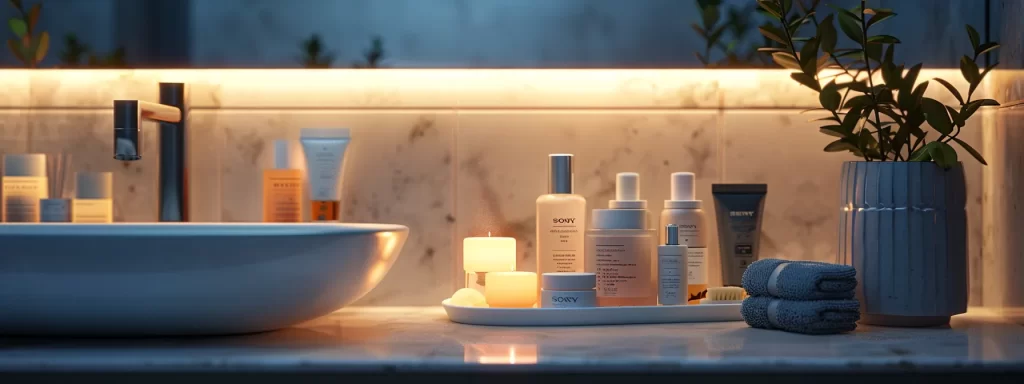 a serene bathroom counter adorned with luxurious skincare products and a glowing skincare regimen chart.