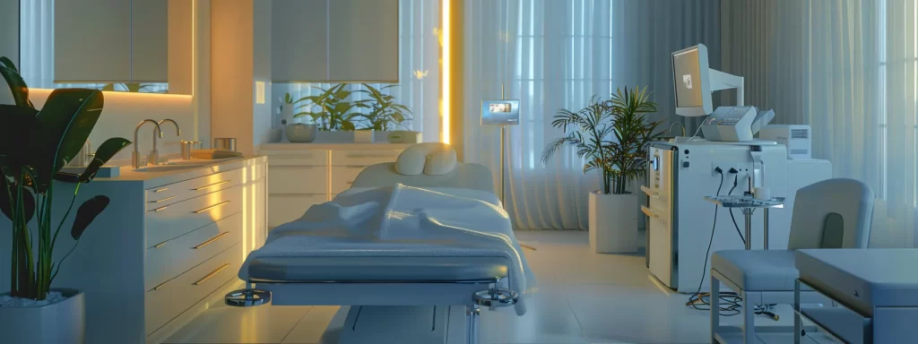 a serene clinic room filled with advanced skincare equipment, calming scents, and a comfortable treatment bed awaits a patient preparing for a non-surgical skin tightening procedure.