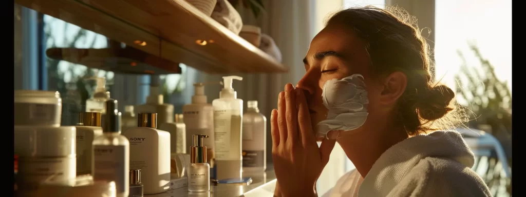 a serene photo of a person gently applying soothing cream to their face after an ultherapy treatment, surrounded by skincare products and a soft towel.