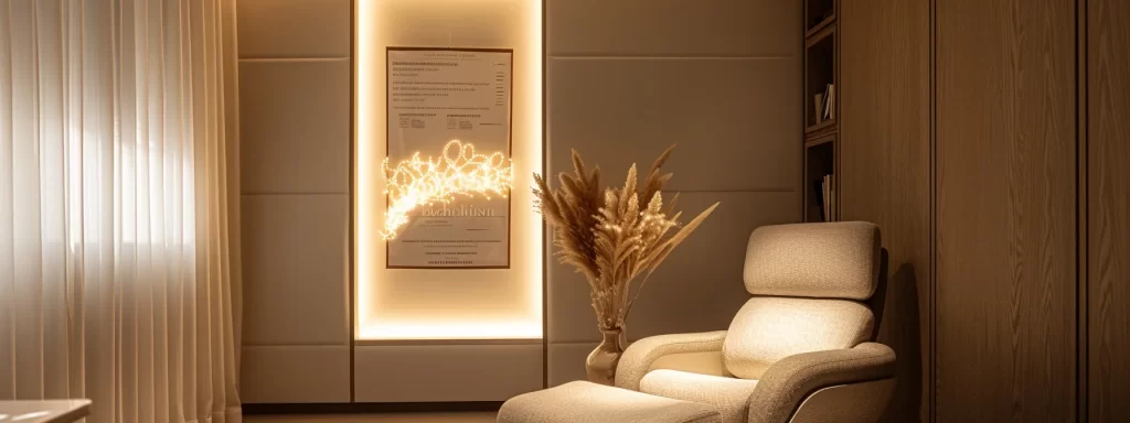 a serene treatment room with a cozy chair, soothing lighting, and informative posters detailing the ultherapy process for a smooth and effective session.