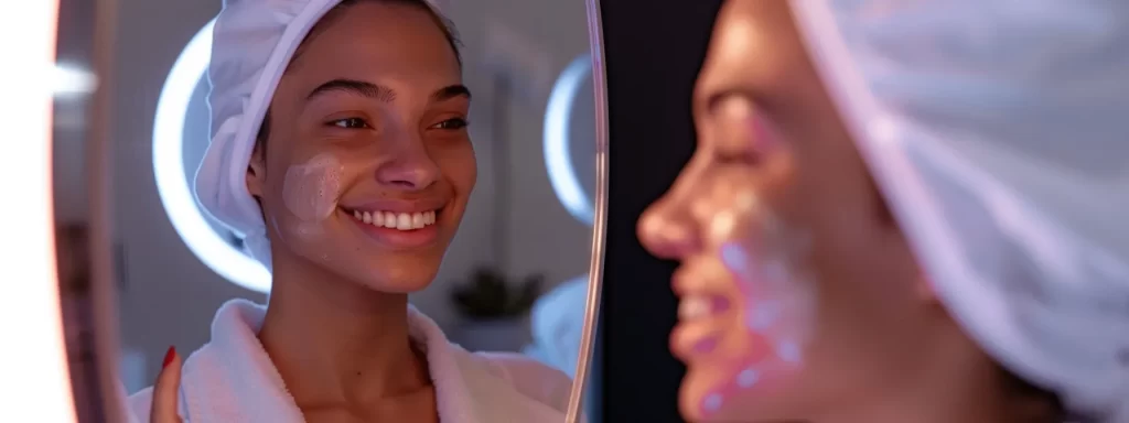 a smiling patient looking at their reflection in a mirror, showing glowing and firm skin after undergoing a successful ultherapy treatment.