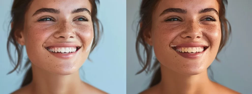 a smiling woman showcasing visibly smoother and firmer neck skin, radiating a healthy glow after using a shea butter-infused tightening cream.
