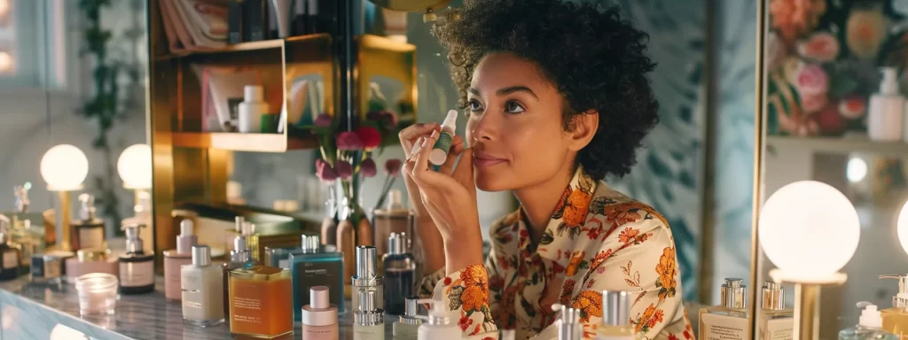 a woman applying a luxurious skin tightening serum, with a radiant glow on her smooth, youthful skin, surrounded by a variety of high-end skincare products on a marble vanity counter.