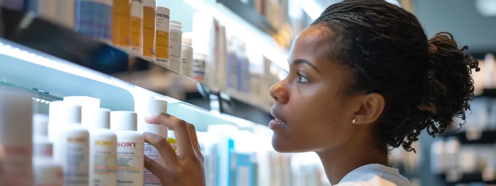 a woman carefully examining different skin tightening products on a shelf, considering her individual skin needs and checking the product labels for beneficial ingredients.