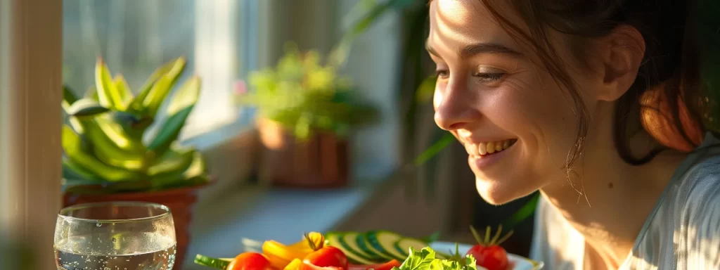 a woman enjoying a colorful plate of fresh fruits and vegetables, a glass of water nearby, while performing facial exercises for glowing skin.
