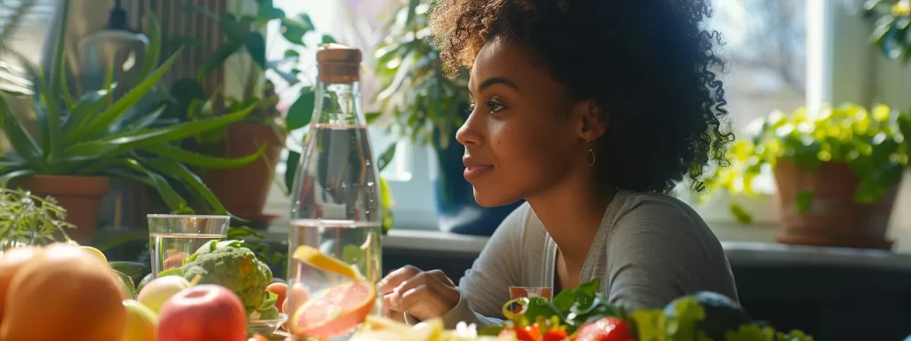 a woman enjoying a healthy meal rich in vitamins and minerals, with a glass of water beside her, surrounded by fresh fruits and vegetables.