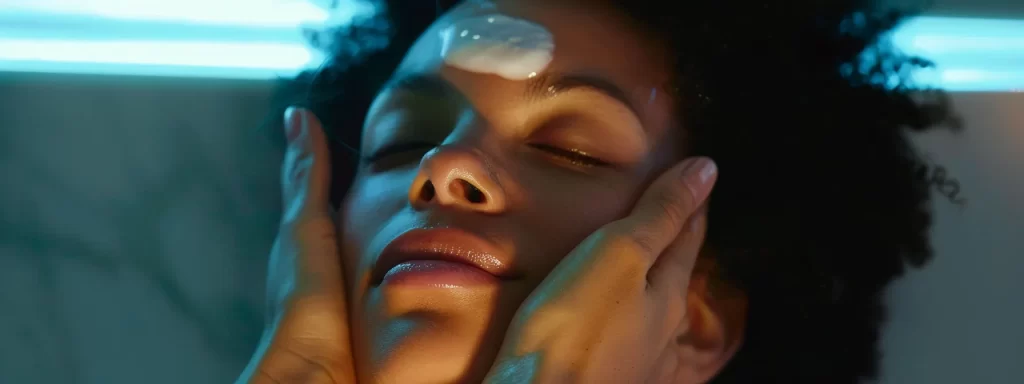 a woman gently applying a cooling gel to her slightly swollen and tender face after undergoing ultherapy treatment, emphasizing self-care and comfort in managing post-treatment side effects.