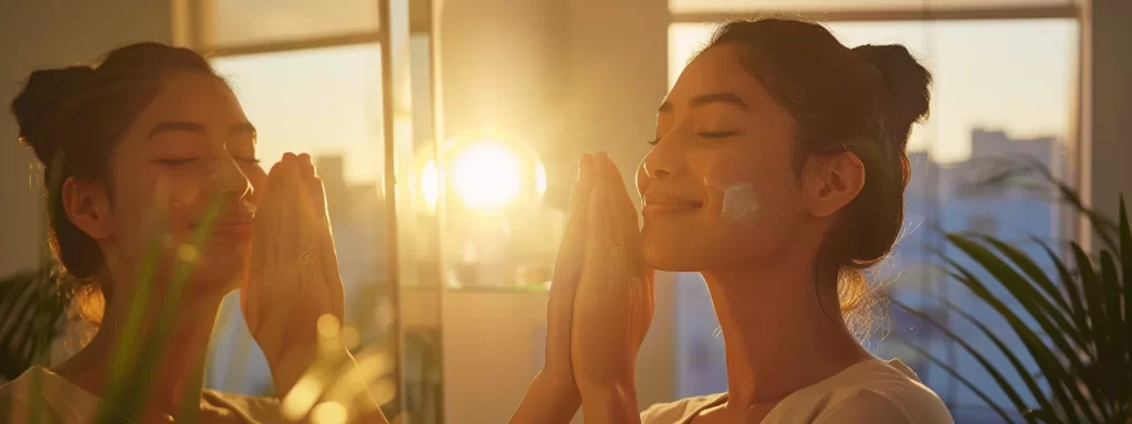 a woman gracefully performing cheek lifting exercises in front of a mirror, her face illuminated by soft natural light, showcasing her dedication to enhancing skin elasticity and firmness.