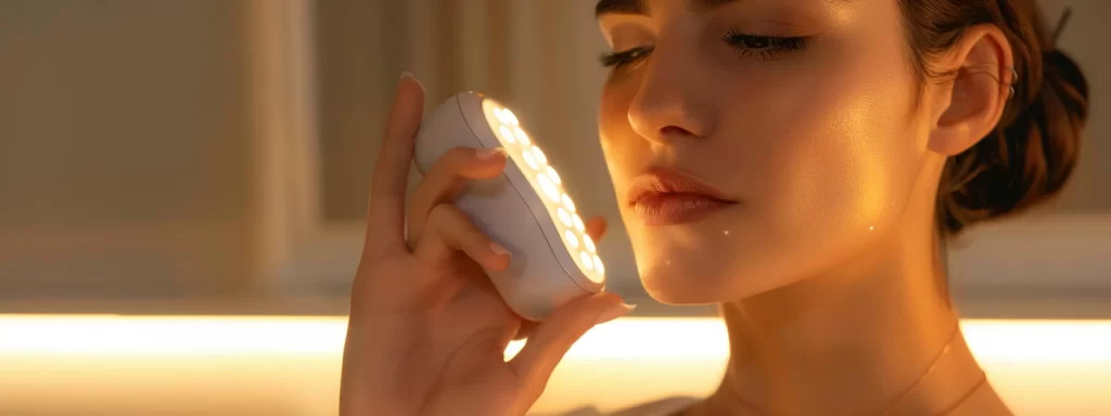 a woman holding a sleek, modern skin tightening device with led lights glowing, showcasing advanced technology and safety features for effective at-home skin care.