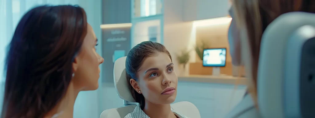 a woman in a consultation room, attentively listening to a doctor explaining the benefits and considerations of ultherapy for skin rejuvenation.