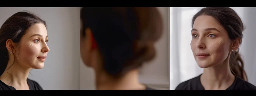 a woman receiving a consultation from a certified professional for ultherapy treatment, surrounded by before-and-after photos showcasing skin rejuvenation results.