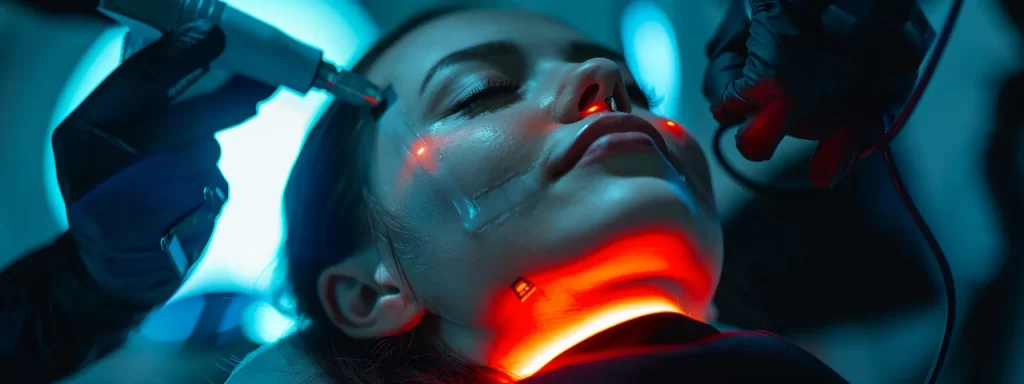 a woman receiving a radiofrequency neck tightening treatment, with glowing skin and improved neck contours, showcasing the non-invasive and effective benefits of the procedure.