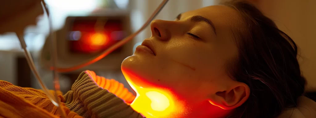 a woman receiving a laser neck treatment, with a focused beam creating a warm glow on her skin as she relaxes in a comfortable clinic chair.