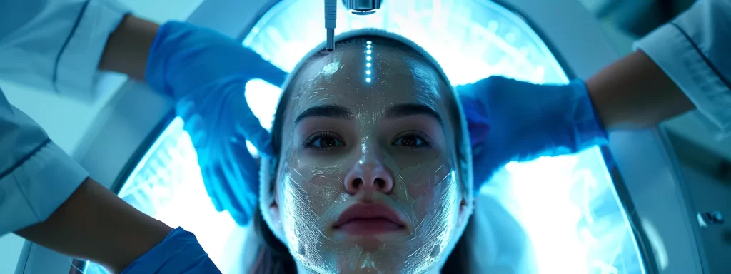 a woman receiving a radiofrequency skin tightening treatment, with a glowing skin and a focused technician adjusting the device.