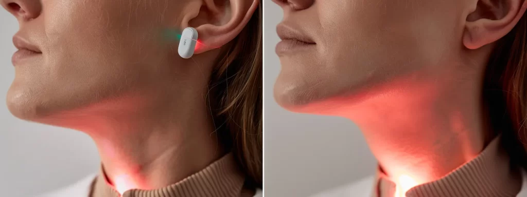 a woman receiving an ultherapy treatment, with focused ultrasound waves gently stimulating collagen production in her neck area, showcasing the non-invasive nature of the procedure.