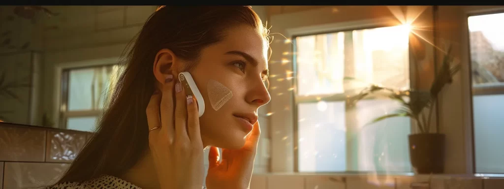 a woman using a sleek, handheld skin tightening device in her well-lit bathroom, with a focused expression on her face as she enhances her complexion at home.