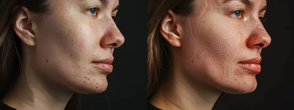 a woman with a slightly red and swollen face, experiencing tingling sensations, bruising, and skin sensitivity after undergoing ultherapy for facial rejuvenation.