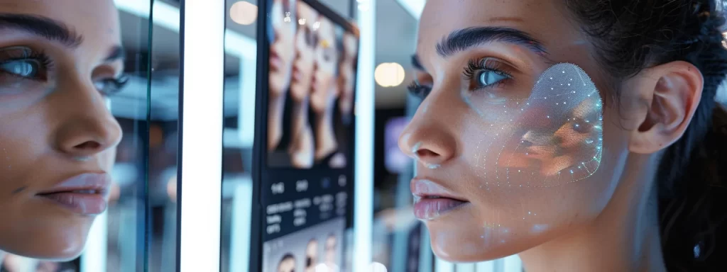 a woman with radiant, firm skin confidently selecting a skin tightening device from a display of various technologies.