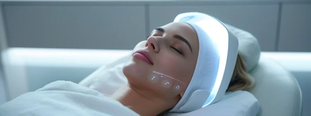 an advanced skin tightening device emitting gentle waves to reduce forehead wrinkles and promote skin rejuvenation.