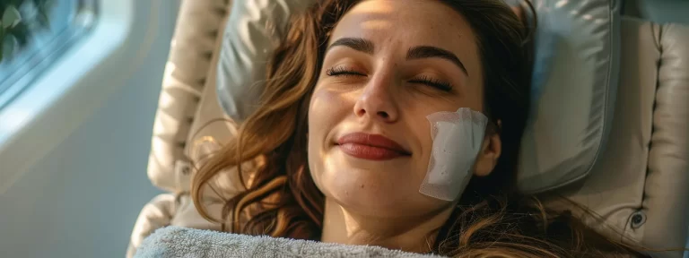 relaxing in a cozy chair with ice packs on her cheeks, a woman smiles contentedly while following tips to ease her ultherapy recovery.