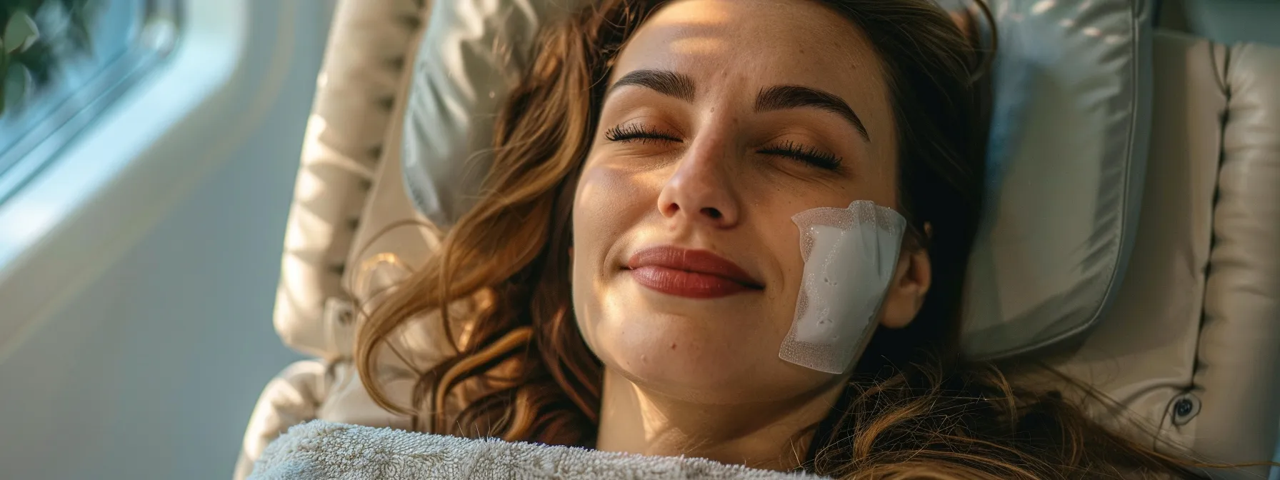 relaxing in a cozy chair with ice packs on her cheeks, a woman smiles contentedly while following tips to ease her ultherapy recovery.